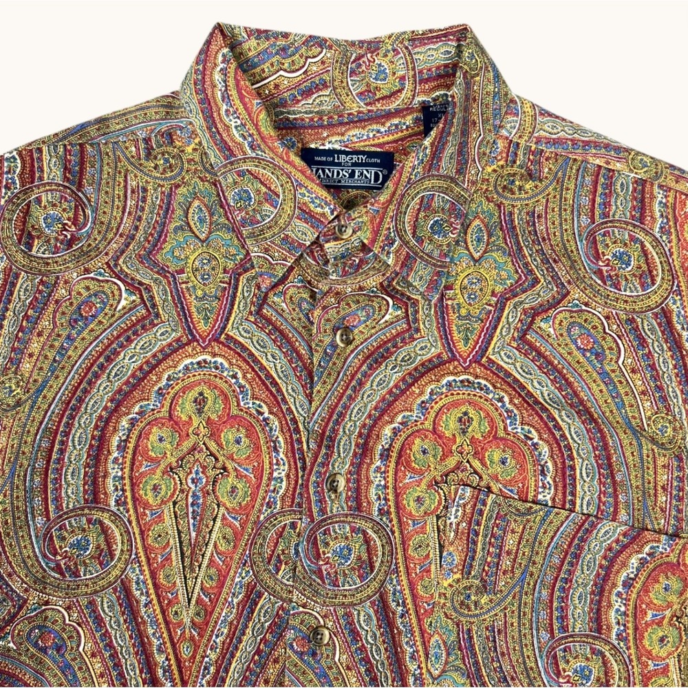 Vintage 80s Lands End Paisley Button Up Shirt Men's Large Liberty Wool Made UK